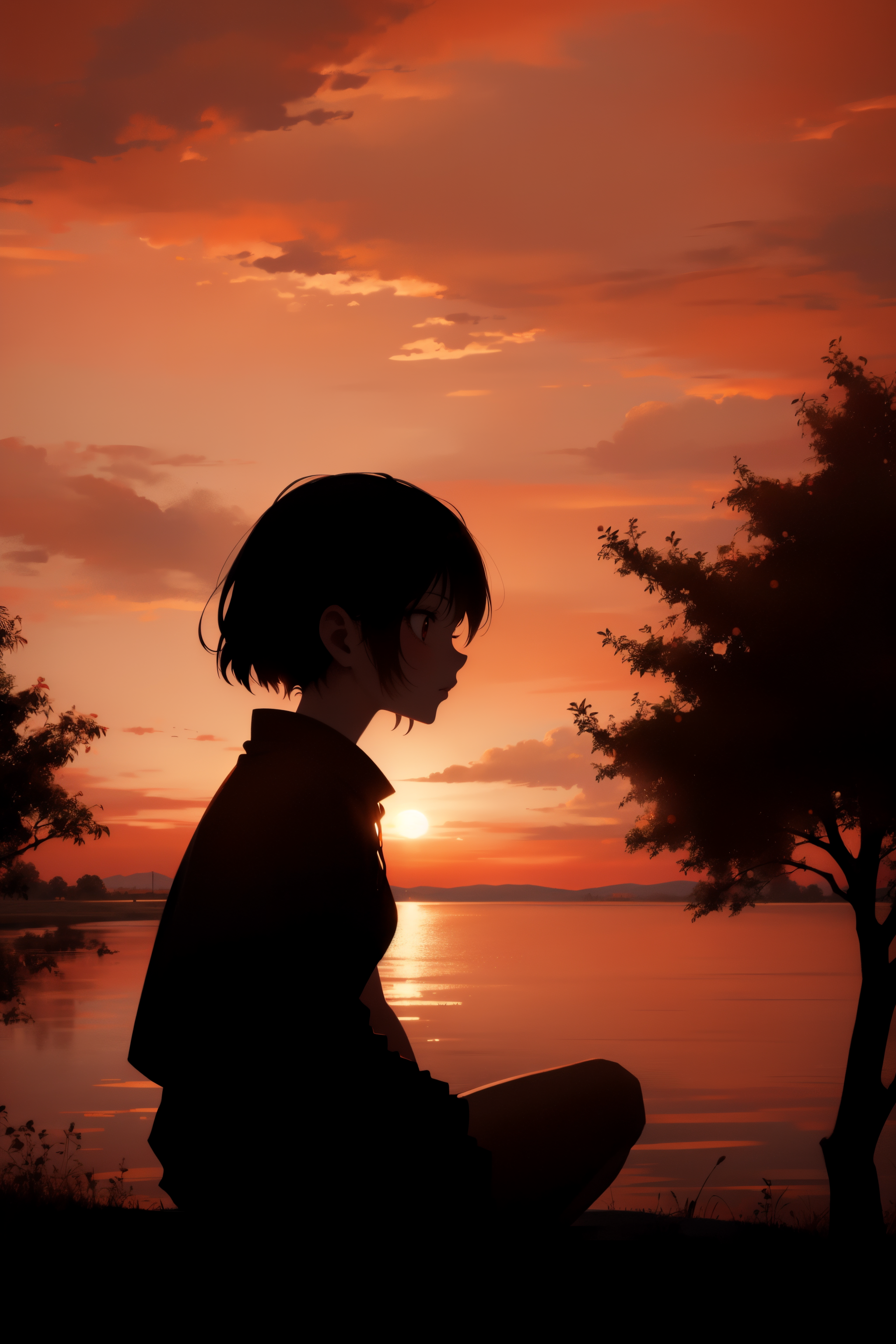 1girl, silhouette, sitting, sitting under tree, orange-red sky, evening, orange lighting